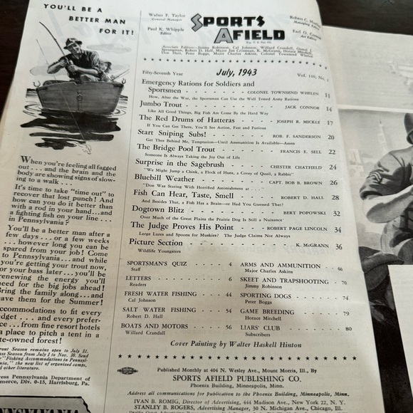 July 1943 Sports Afield Magazine Cover Art By Walter Haskell Hinton Fishing WWII - Picture 2 of 14